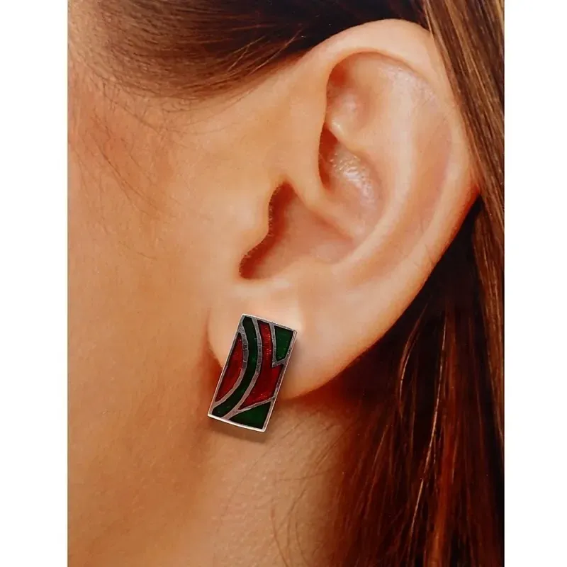 Pendientes plata Ley 925m rectángulo 19x11mm. esmaltado detalles naranja verde cierre presión mujer