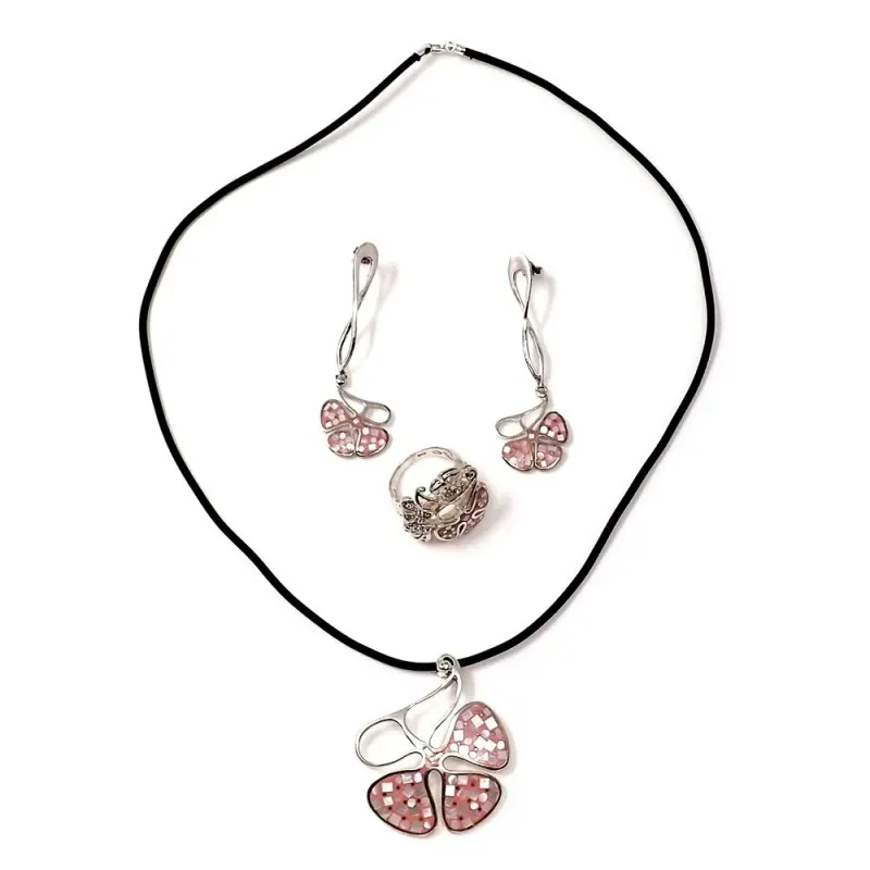 Juego plata Ley 925m flor gargantilla pendientes sortija [AB9077]