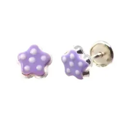 Pendientes plata Ley 925m niña 5 mm. forma flor esmaltada morada luna