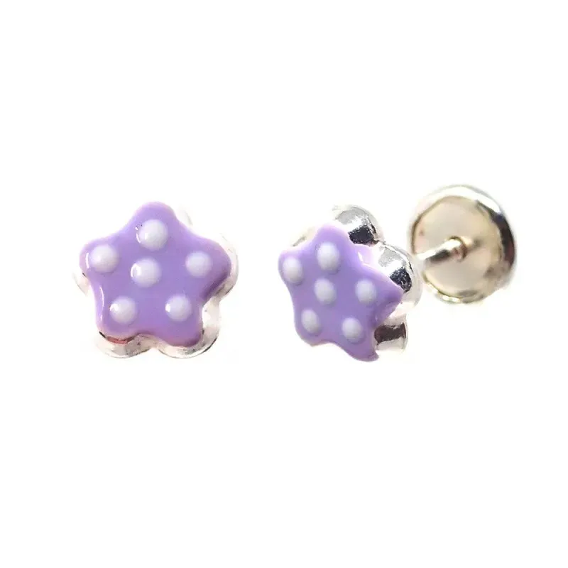 Pendientes plata Ley 925m niña 5 mm. forma flor esmaltada morada luna
