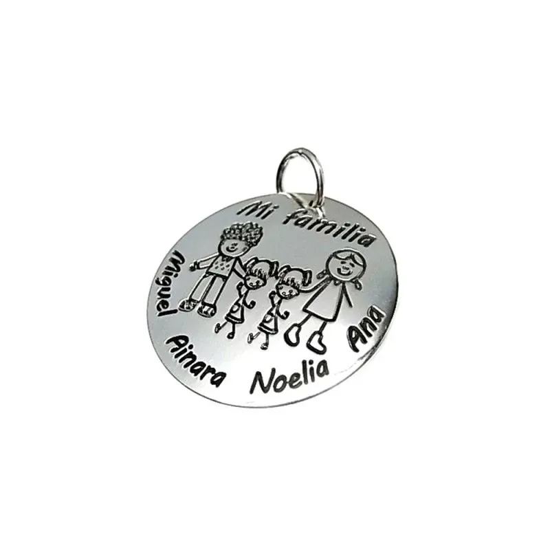 Colgante plata Ley 925m disco 28mm. MI FAMILIA nombres personalizados mamá papá niño oxidados