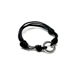Pulsera plata ley 925m entrepieza circular oxidada cuero [AA9916]