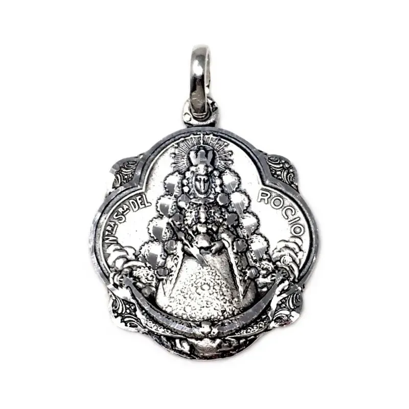 Colgante plata Ley 925m medalla 32mm. Virgen del Rocío maciza pandereta detalles tallados