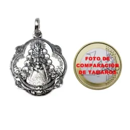Colgante plata Ley 925m medalla 32mm. Virgen del Rocío maciza pandereta detalles tallados