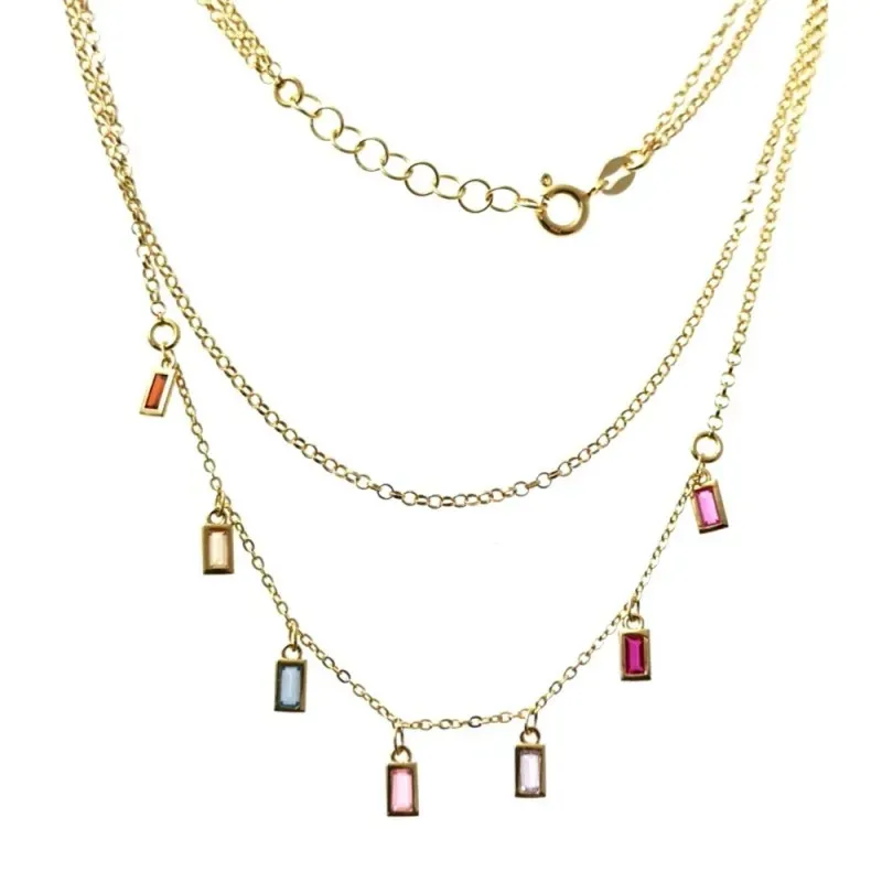 Gargantilla plata Ley 925m chapada oro doble cadena 38cm. 42cm. barretas circonitas colores reasa