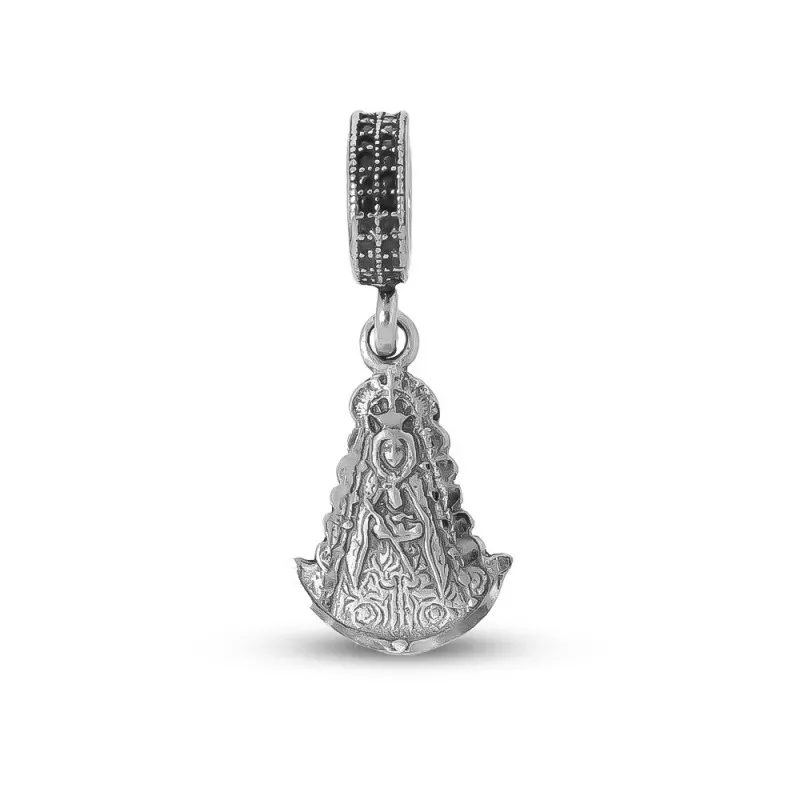 Charm fetiche plata Ley 925m macizo 17mm. Virgen del Rocío detalles tallados trasera manto