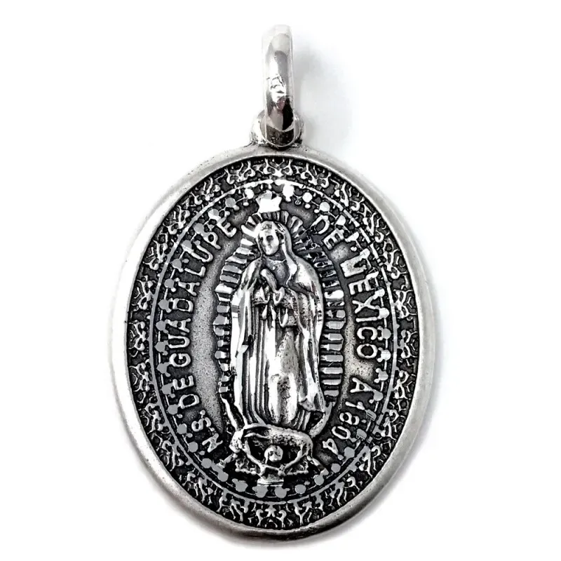 Medalla colgante plata Ley 925m maciza 35mm. rosetón Virgen de Guadalupe de México trasera lisa
