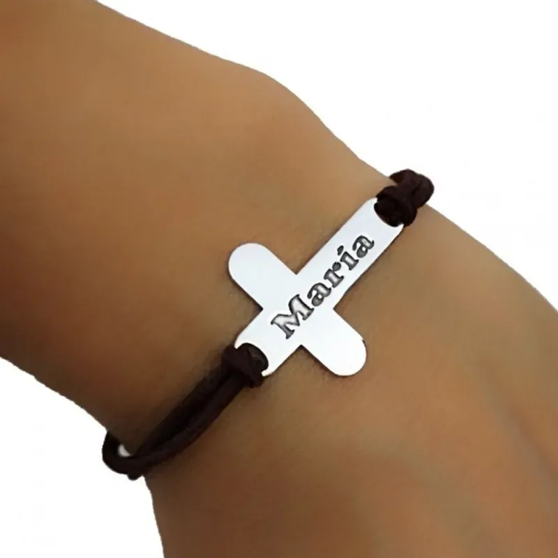 Pulsera plata Ley 925m adaptable cruz lisa 30x20mm. nombre personalizado oxidado goma colores