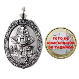 Medalla colgante plata Ley 925m maciza 40mm. Virgen del Rocío Bautismo cerco detalles trasera lisa
