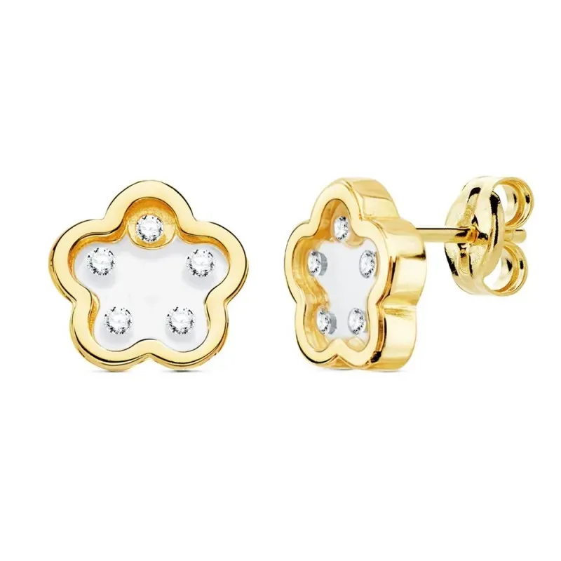 Pendientes oro 18k flor airshine 8.5mm. fondo membrana transparente circonitas cerco liso presión