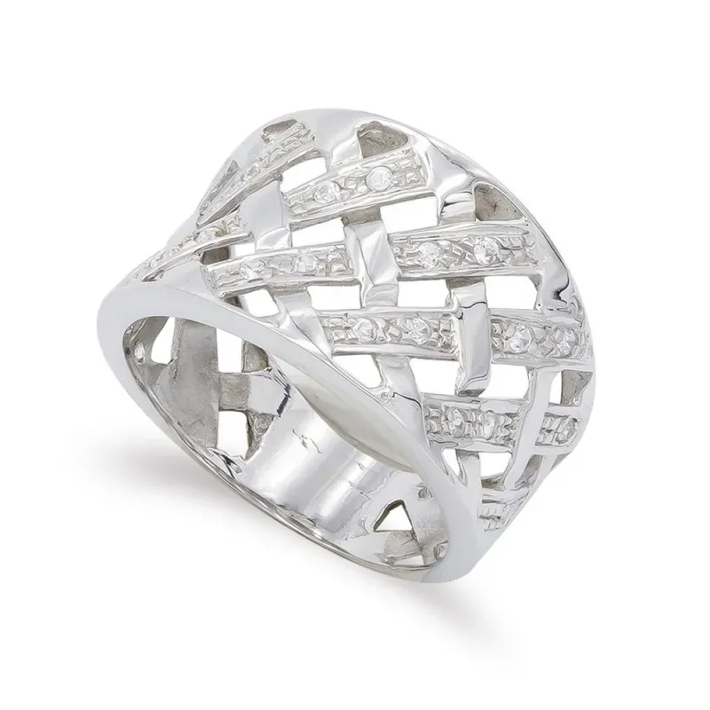 Sortija oro blanco 18k mujer formas cuadradas caladas circonitas comb