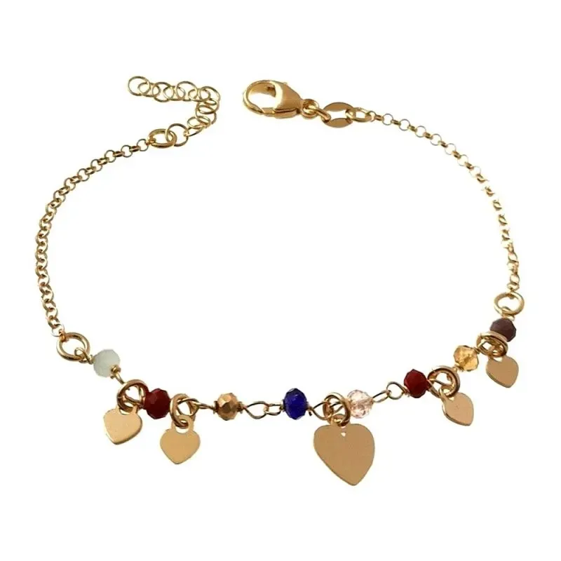 Pulsera plata Ley 925m chapada oro 17cm. piedras colores corazones lisos colgando cierre mosquetón
