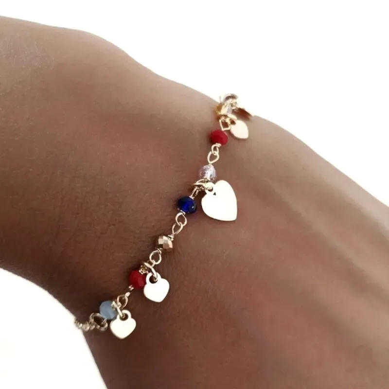 Pulsera plata Ley 925m chapada oro 17cm. piedras colores corazones lisos colgando cierre mosquetón