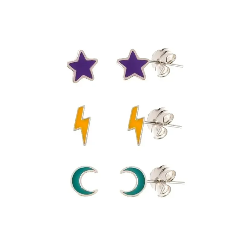 Pendientes plata Ley 925m tres pares (6 pendientes) luna rayo estrell
