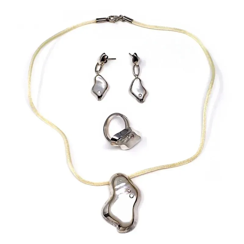 Juego plata Ley 925m 40cm. nácar circonita anillo talla 14 [AB9087]