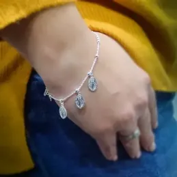 Pulsera plata Ley 925m. Virgen Milagrosa mujer cadena combinada bolas 18cm. fetiches