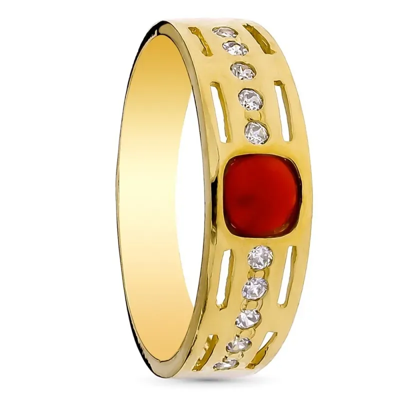Sortija oro 18k mujer centro coral fino 4mm. circonitas lateral detal