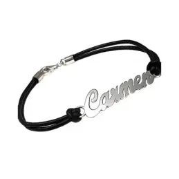 Pulsera plata Ley 925m cuero centro nombre personalizado cierre mosquetón