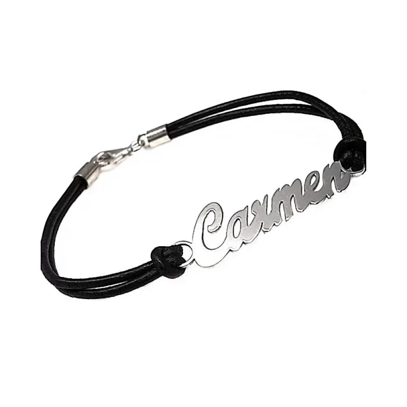 Pulsera plata Ley 925m cuero centro nombre personalizado cierre mosquetón