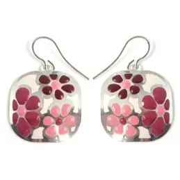 Pendientes plata Ley 925m largos 21mm. flor rosa esmaltada [AB5938]