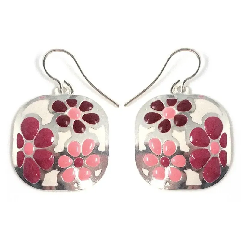 Pendientes plata Ley 925m largos 21mm. flor rosa esmaltada [AB5938]
