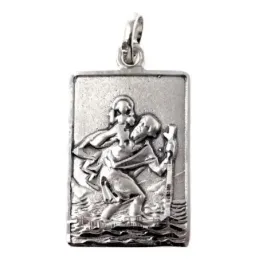 Medalla colgante plata Ley 925m maciza 26mm San Cristobal rectangular detalles tallados trasera lisa