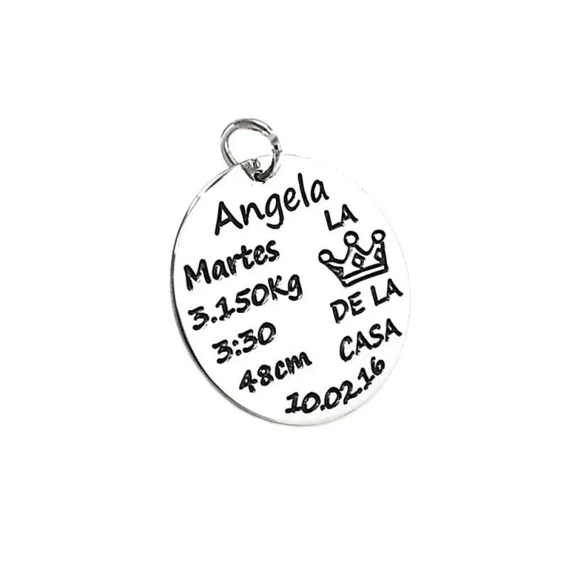 Colgante plata Ley 925m disco liso 30mm. LA REINA DE LA CASA personalizado corona