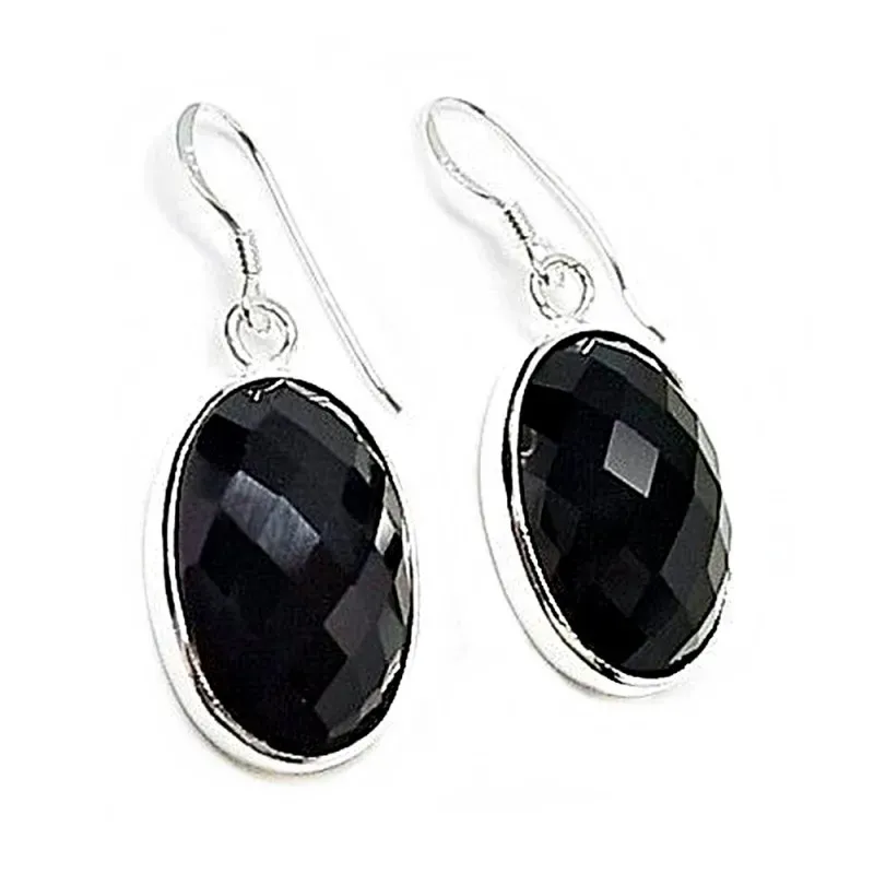 Pendientes plata ley 925m largos ovalado piedra ónix [AB2522]