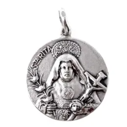 Medalla colgante plata Ley 925m maciza 22mm. Santa Rita detalles tallados trasera lisa