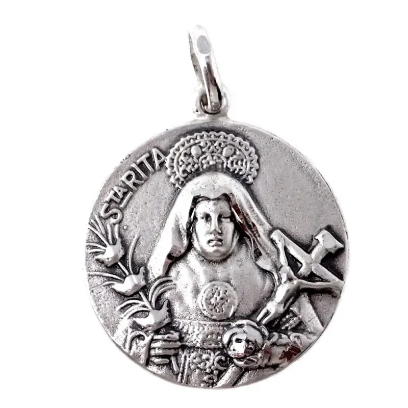 Medalla colgante plata Ley 925m maciza 22mm. Santa Rita detalles tallados trasera lisa
