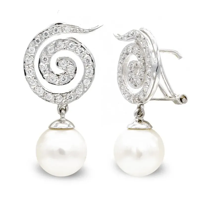 Pendientes oro blanco 18k mujer largos espiral circonitas combinada p