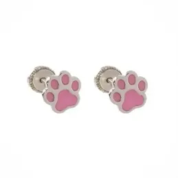 Pendientes plata Ley 925m niña 6 mm. huella perro esmaltada rosa