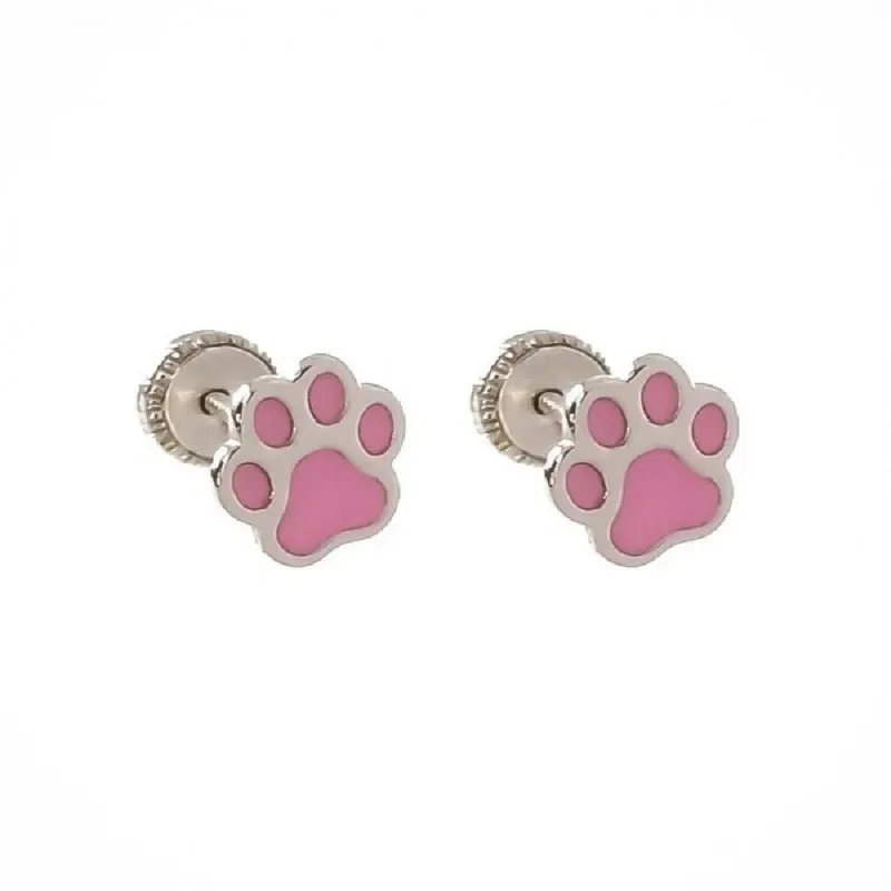 Pendientes plata Ley 925m niña 6 mm. huella perro esmaltada rosa