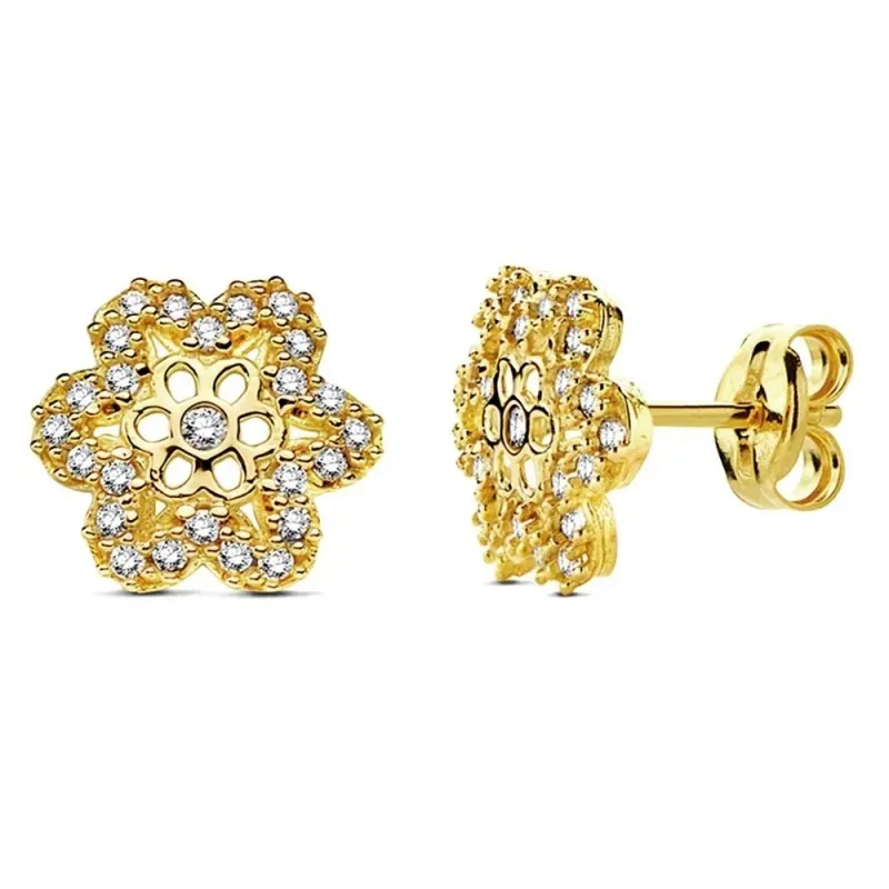 Pendientes oro 18k flor circonitas 9mm. [AB3326]