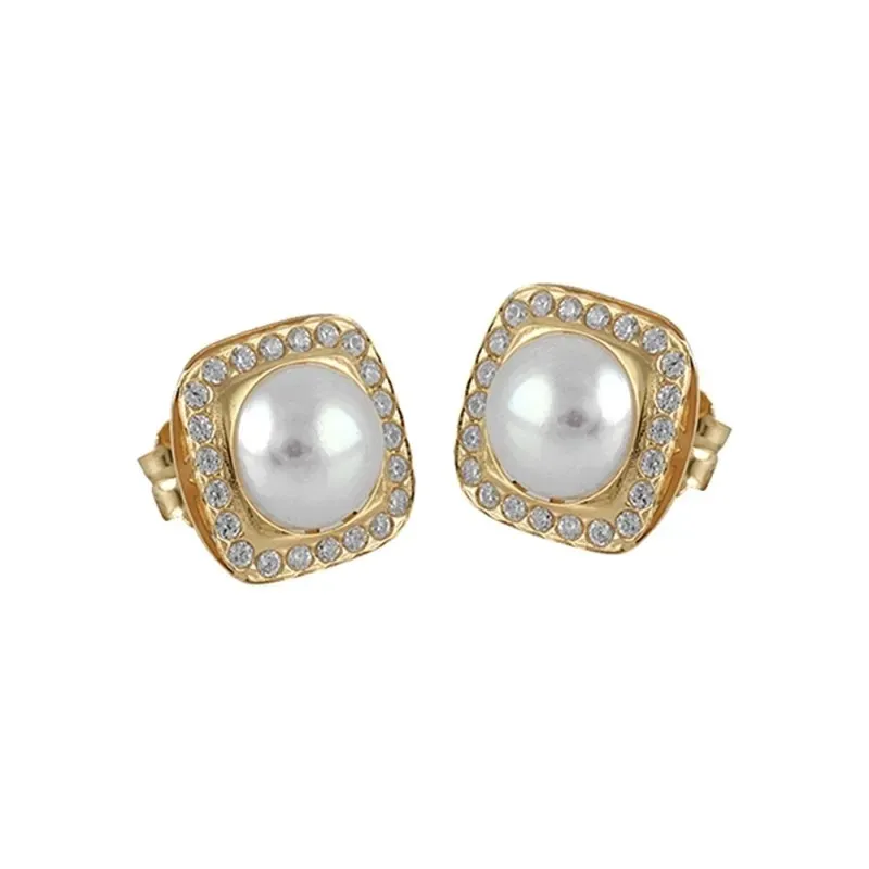 Pendientes Oro Amarillo 18k modelo Comunión (44 Circonitas) (2 Perlas Cultivadas botón 6,5mm.)