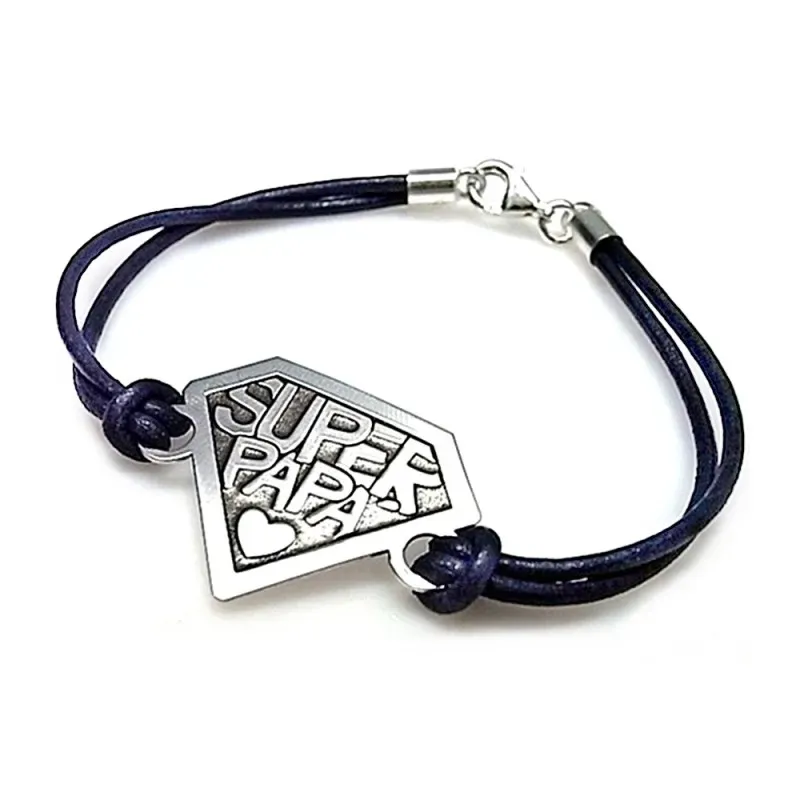 Pulsera plata ley 925m chapa 30mm. SUPER PAPÁ cuero color [AA9945]
