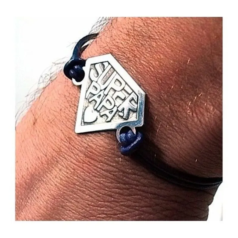Pulsera plata ley 925m chapa 30mm. SUPER PAPÁ cuero color [AA9945]
