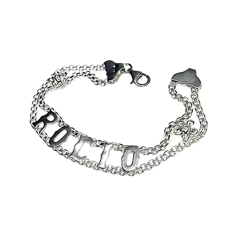 Pulsera plata Ley 925m 18cm. lateral flores centro nombre personalizado cierre mosquetón