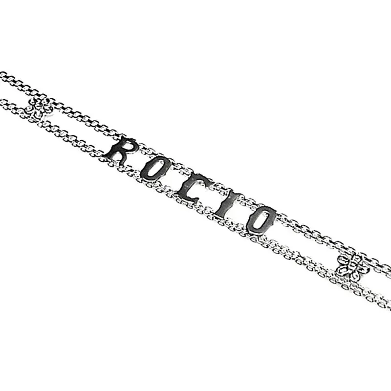 Pulsera plata Ley 925m 18cm. lateral flores centro nombre personalizado cierre mosquetón