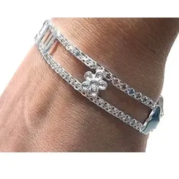 Pulsera plata Ley 925m 18cm. lateral flores centro nombre personalizado cierre mosquetón