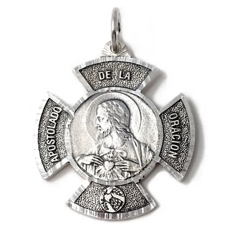 Colgante plata Ley 925m medalla 42mm. cruz Apostolado de la Oración Corazón de Jesús macizo