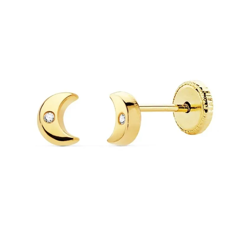 Pendientes oro 18k bebé 4.5mm. luna lisa centro circonita cierre tuerca