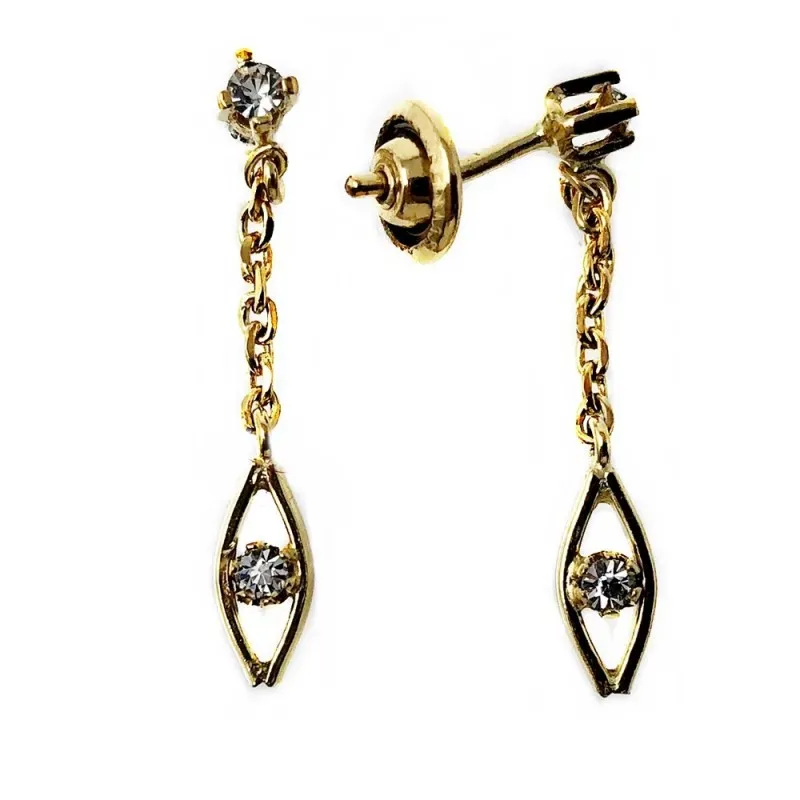 Pendientes metal largos dorados 27mm. piedra blanca cadena [AB5057]