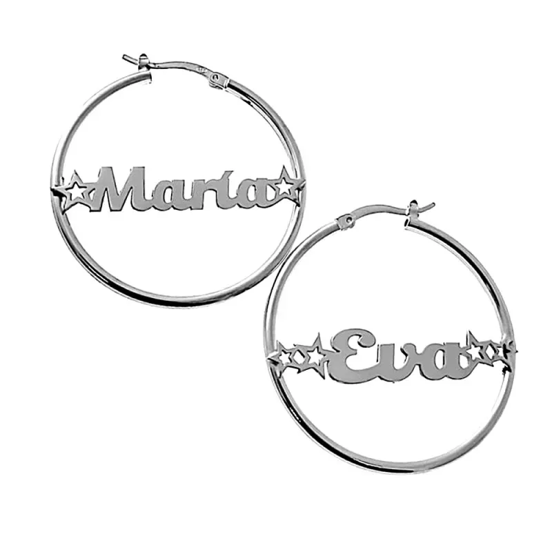 Pendientes plata Ley 925m aros 35mm. media caña centro nombre personalizado estrellas cierre palillo