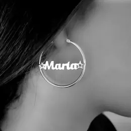 Pendientes plata Ley 925m aros 35mm. media caña centro nombre personalizado estrellas cierre palillo