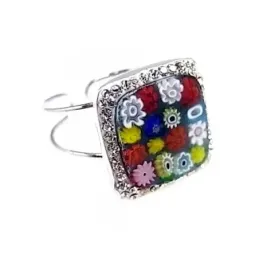 Sortija plata Ley 925m ajustable cristal murano cuadrada [AC0316]