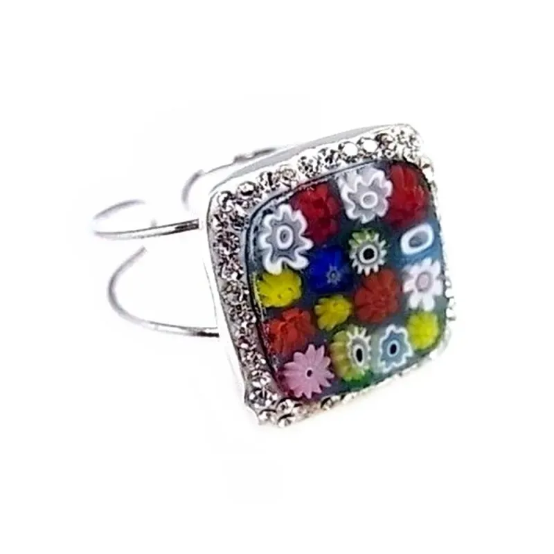 Sortija plata Ley 925m ajustable cristal murano cuadrada [AC0316]