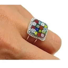 Sortija plata Ley 925m ajustable cristal murano cuadrada [AC0316]