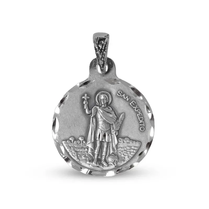Medalla colgante plata Ley 925m maciza 20mm. San Expedito borde tallado brillo trasera lisa