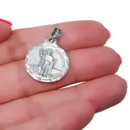 Medalla colgante plata Ley 925m maciza 20mm. San Expedito borde tallado brillo trasera lisa
